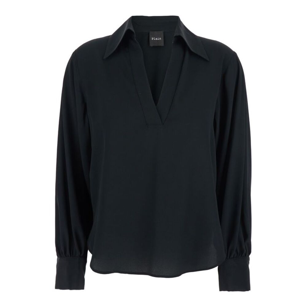 Plain Women Black Polo Collar Blouse With V-Neck In Silk Blend Woman